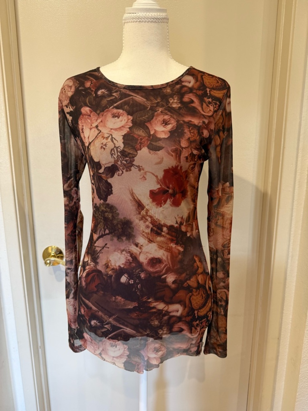 Fashion Nova Brown Floral Sheer Long Sleeve Tee